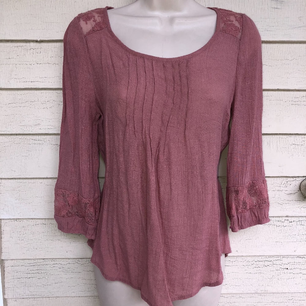 EAM puce mesh lace tie back blouse/3/4 sl